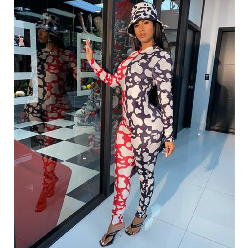 D9809 Women'S Relaxed Jumpsuit Featuring a Casual Print, Long Sleeves, And Suitable for Home Wear