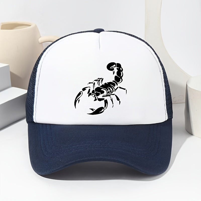 Unisex Scorpion Print Baseball Cap - Breathable Mesh Trucker Hat with Adjustable Fit for Outdoor Sports, Fishing & Casual Wear, Black with White Scorpion Design, Spring/Summer Collection, Spring Summer Cap | Stylish Headgear