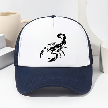 Unisex Scorpion Print Baseball Cap - Breathable Mesh Trucker Hat with Adjustable Fit for Outdoor Sports, Fishing & Casual Wear, Black with White Scorpion Design, Spring/Summer Collection, Spring Summer Cap | Stylish Headgear