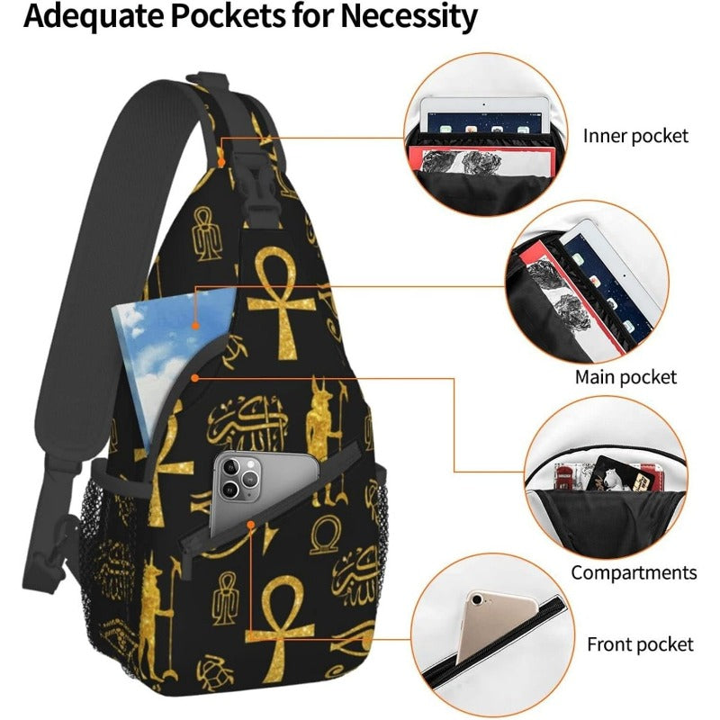 Men's Egyptian Hieroglyphic Print Crossbody Chest Bag - Golden & Black Ancient Egypt Design with Anubis & Scarab Beetle Symbols, Durable Zipper Closure, Casual Travel Backpack-like Waist Pack for Outdoor, Daily Use & Egypt-Th