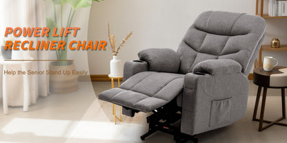 Power Lift Recliner Chair For Elderly And Adults, Power Recliner Chair With Massage And Heating, Electric Recliner With Remote Control And Cup Holders For Living Room, Grey Linen Fabric