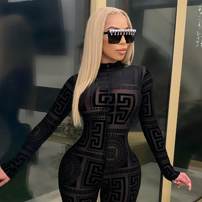 Women's Sexy Sheer Mesh Jumpsuit - Long Sleeve High Neck Bodysuit - Semi-Sheer Transparent Outfit (S-XXL) - Machine Washable All-Season Wear for Parties - Fashion Events - Tight-Fitting Lingerie Suit