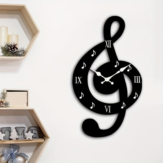Creative hollow-out wall clock, minimalist musical note design, irregularly cut music-themed clock, silent quartz movement. Suitable for bedrooms, living rooms, offices, kitchens, and bathrooms. Battery-powered (batteries not