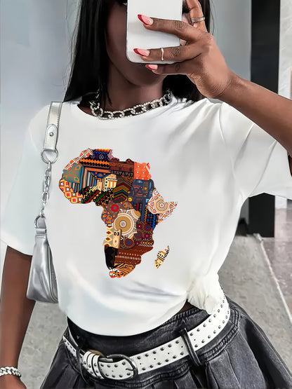 Women's African-Inspired Patchwork Print Casual Short Sleeve T-Shirt - Vibrant Red Round Neck Top with Cultural Motifs, Medium Stretch & Machine Washable for Spring/Summer, Casual Attire, Comfortable Fabric