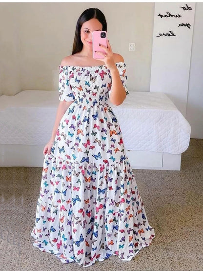 2023 New Spring Summer European and American Women's Fashion Off-Shoulder Floral Print Long Dress