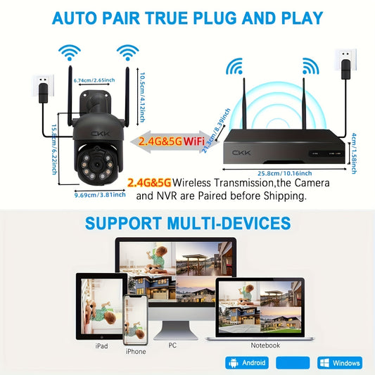 4pcs 5MP PTZ Cameras with Floodlight, Color Night Vision, Motion Sensor & Alarm - 360° View, 3K Wireless Surveillance System, WiFi Camera, NVR, 24/7 Recording