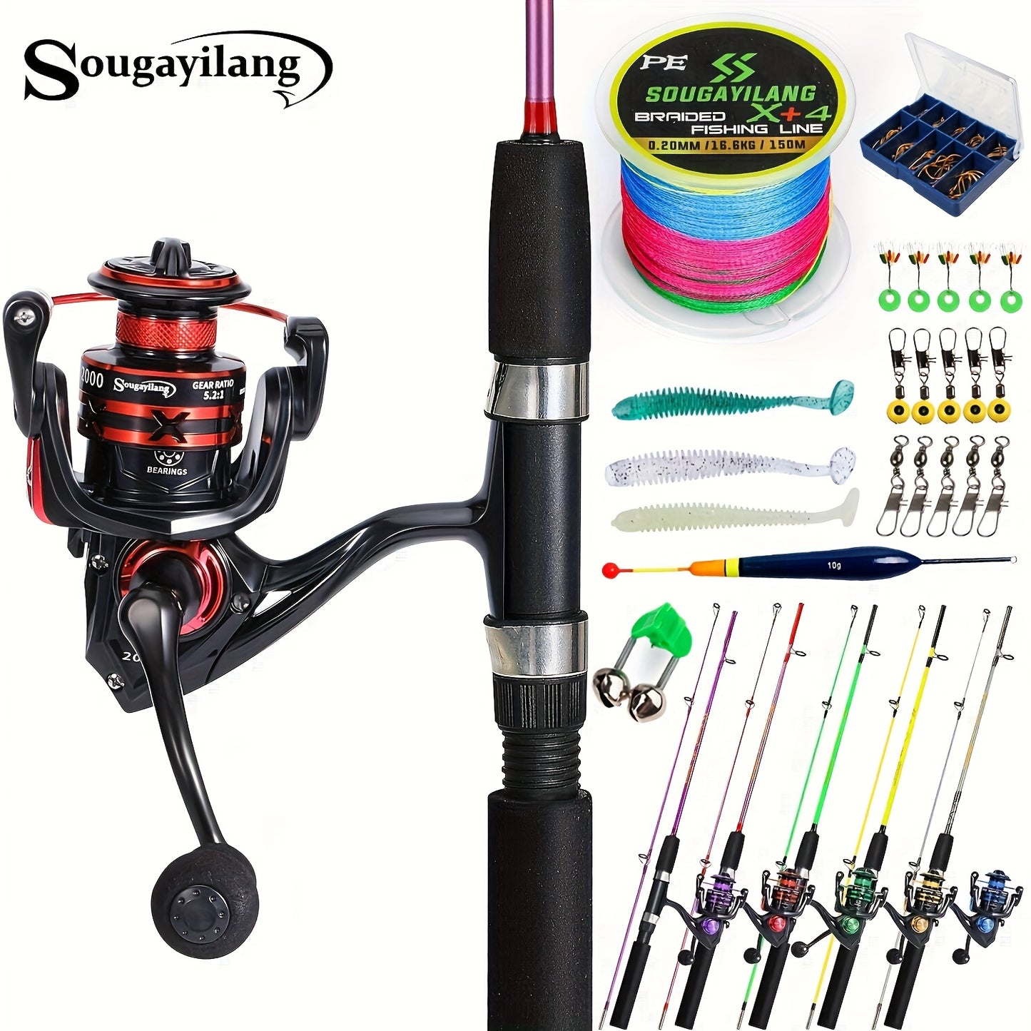 Sougayilang Fishing Rod and Reel Set, Two-Section Straight Handle Spinning Reel Combo with 5.2:1 Gear Ratio for Blackfish, Trout, Bass, Dogfish, and Carp - Beginner-Friendly Complete Tackle Kit with Random Color Line and Bait