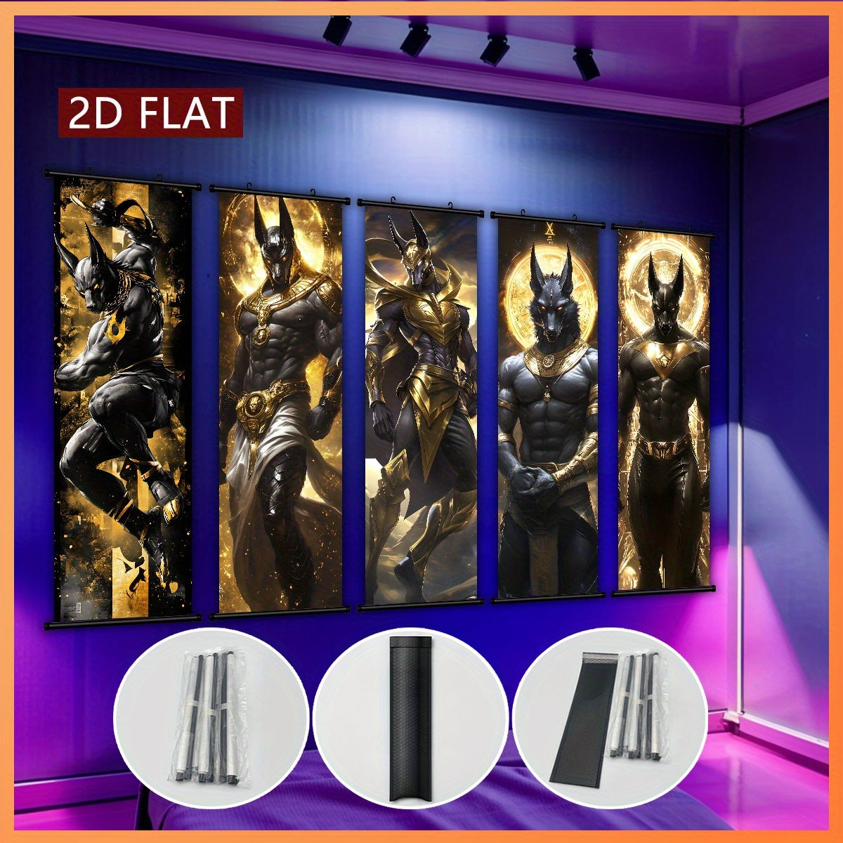 2D/Flat-5pcs Set of Framed Anubis Plastic Hanging Paintings, Retro Canvas Wall Art, Anime Scroll Painting Posters, Modern Home Decoration, Egyptian Theme Poster Pictures, with Plastic Frame Hooks