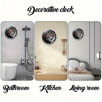 12 Inch Large Modern Car Tire Wall Clock - Heated Glass Silent Quartz Movement with Mechanism, Red & Black Rims & White Face - Battery- (AA Not Included) - Auto-Themed Home Decor for Living Room, Bedroom, - Novel, 2D Flat