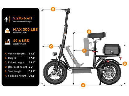 Hisent Adult Electric Scooter- 20 Mph, 740W Peak Motor, 10Ah/15Ah Lithium Battery, 15-40 Mile Range, 14 Foldable With Seat And Storage Box, Dual Suspension, Dual Brake System, Ample Storage, Alloy Steel Frame Durable, Commute
