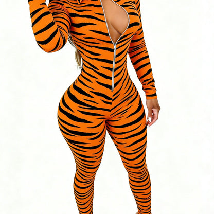 Women' Elegant Slim-Fit Front Zipper Collar Jumpsuit - Animal Print Stripes Suit, Machine-Washable Year-Round Wear Suitable for Any Season - Casual Office Party Wedding Attire