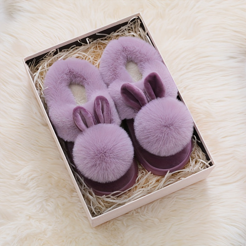 [Cozy House Shoes] 2025 New Autumn & Winter Single Ball Rabbit-Ear Design Warm Slippers for Men & Women - Couples' House Shoes with Thick Sole & Semi-Enclosed Back | Indoor/Outdoor Slides | Lightweight & Quiet Home Footwear |