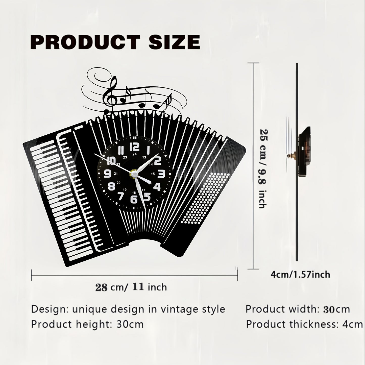 1pc Accordion-Themed Vinyl Wall Clock - Unique Irregular Shape, Silent Non-Ticking Battery Operated, Musical Notes & Black/White Design for Living Room, Bedroom Decor - Perfect Gift for Birthdays, Christmas, Halloween, Bedroo