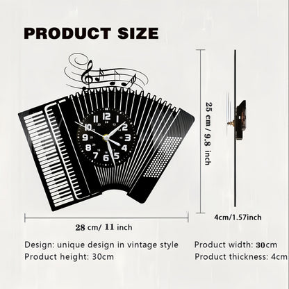 1pc Accordion-Themed Vinyl Wall Clock - Unique Irregular Shape, Silent Non-Ticking Battery Operated, Musical Notes & Black/White Design for Living Room, Bedroom Decor - Perfect Gift for Birthdays, Christmas, Halloween, Bedroo