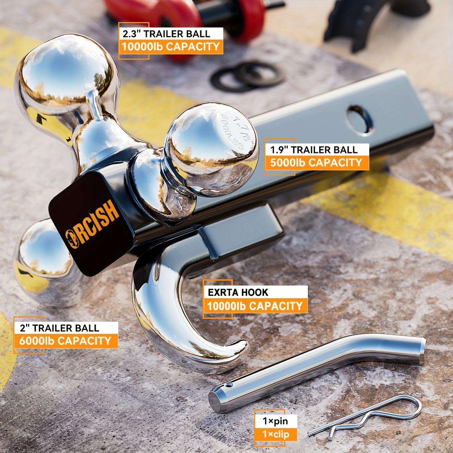 Trailer Hitch Tri-Ball Mount with Hook & Pin, Hitch Ball Size 1-7/8", 2" And 2-5/16", Fit 2 Inch Hitch Receiver, Max GTW 10, 000 LBS, Fit 2 Inch Hitch Receiver, Tow Hitch for RVs, SUVs, ATVs, And Trucks