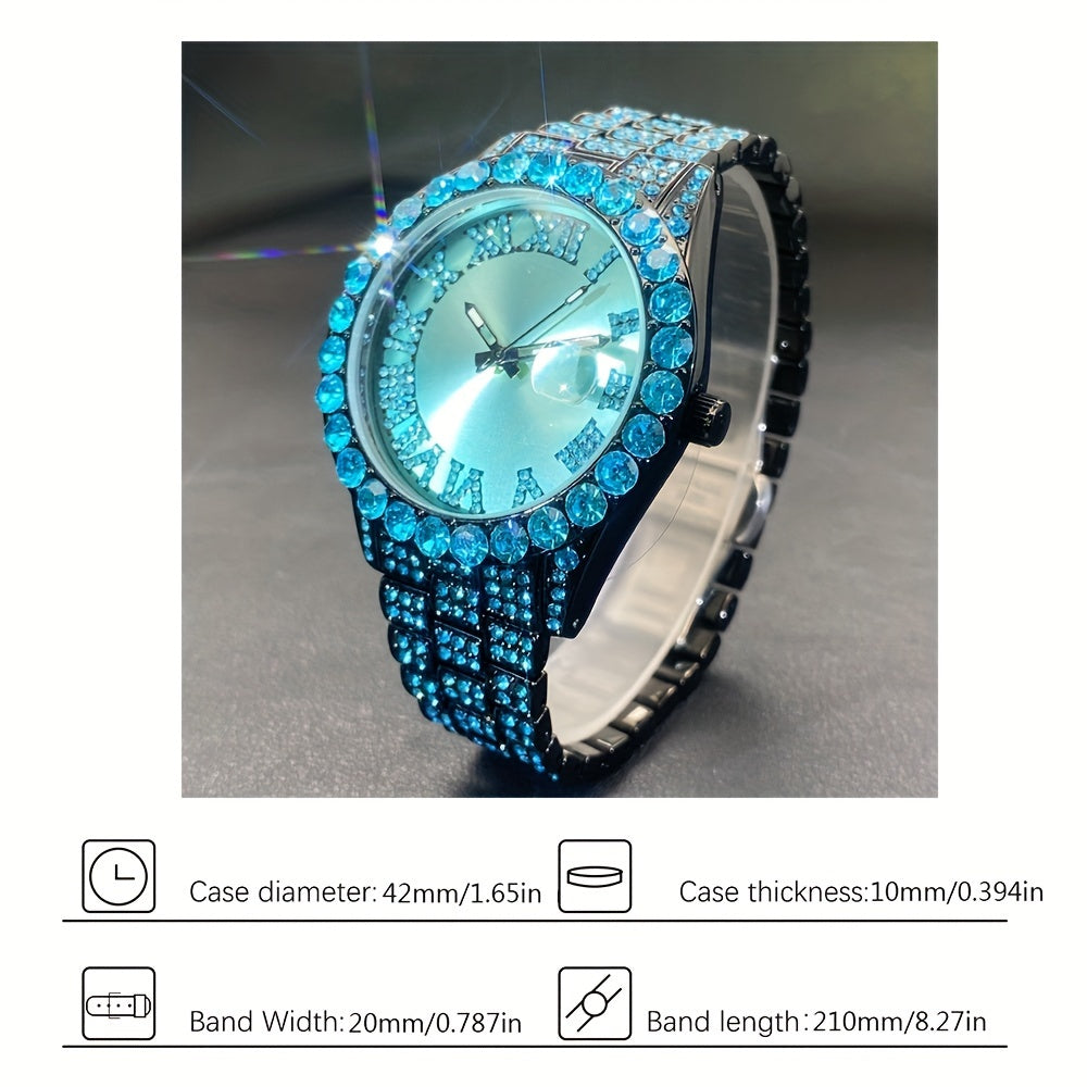 MISSFOX Luxury Rhinestone Couples Watch Compatible for - Ice Blue & Red Luminous Analog/, Calendar Chronograph (No Chronograph), Quartz Movement Wristwatch for Men & Women, Party & Casual Attire - Ideal Gift, Zinc Alloy Case/