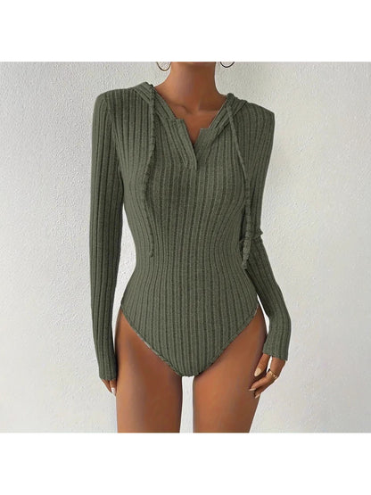 Women's Jumpsuit, V-neck Hooded Jumpsuit for Women, High-slit Bikini-style Slim-fit Loungewear, Brushed Ribbed Hooded Solid Color Jumpsuit and Romper
