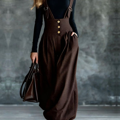 Brown Suspender Wide-Leg Pants for Women | Vintage-inspired, elegant, and sophisticated style. Perfect for commuting, dates, and autumn/winter occasions.
