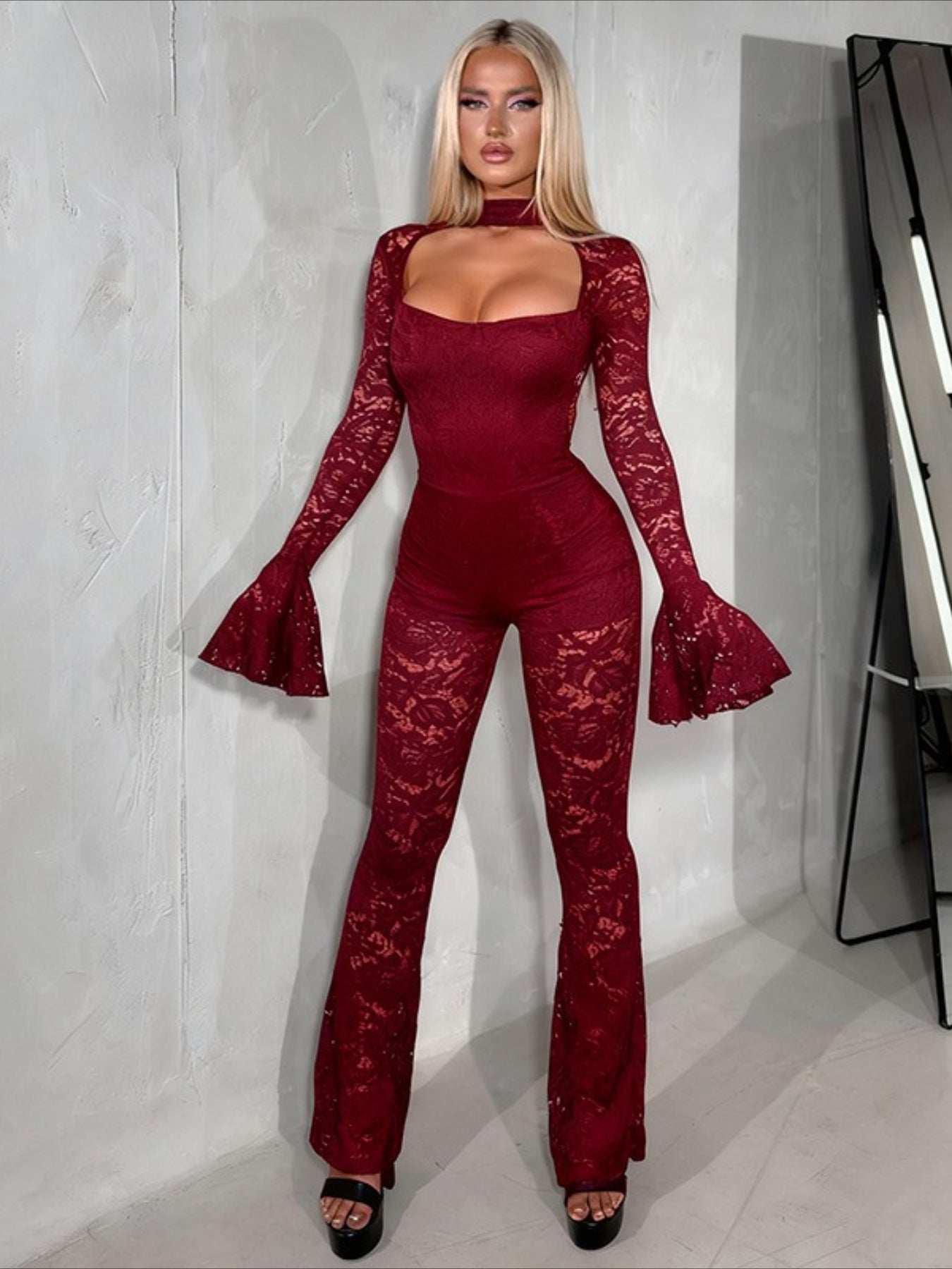 LUCKFOX Sexy Flared Sleeve Lace Jumpsuit Trousers | Fashionable Open Bust Design, Hooded Collar, Perfect for Spring/Summer/Fall