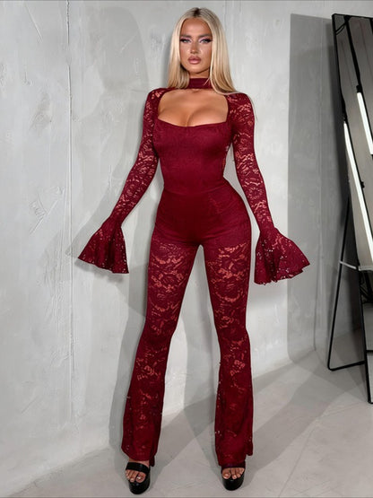 LUCKFOX Sexy Flared Sleeve Lace Jumpsuit Trousers | Fashionable Open Bust Design, Hooded Collar, Perfect for Spring/Summer/Fall