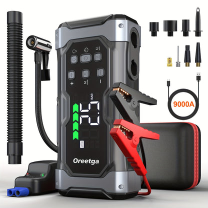 9000A Car Battery Jump Starter - Portable Power Pack with Extended Smart Jumper Cables, Quick Charge, Large Display, LED Lights, And Safety Protections for (All Gas/3.17gal Diesel) Engines, Start The Car Quickly, Jump Starter