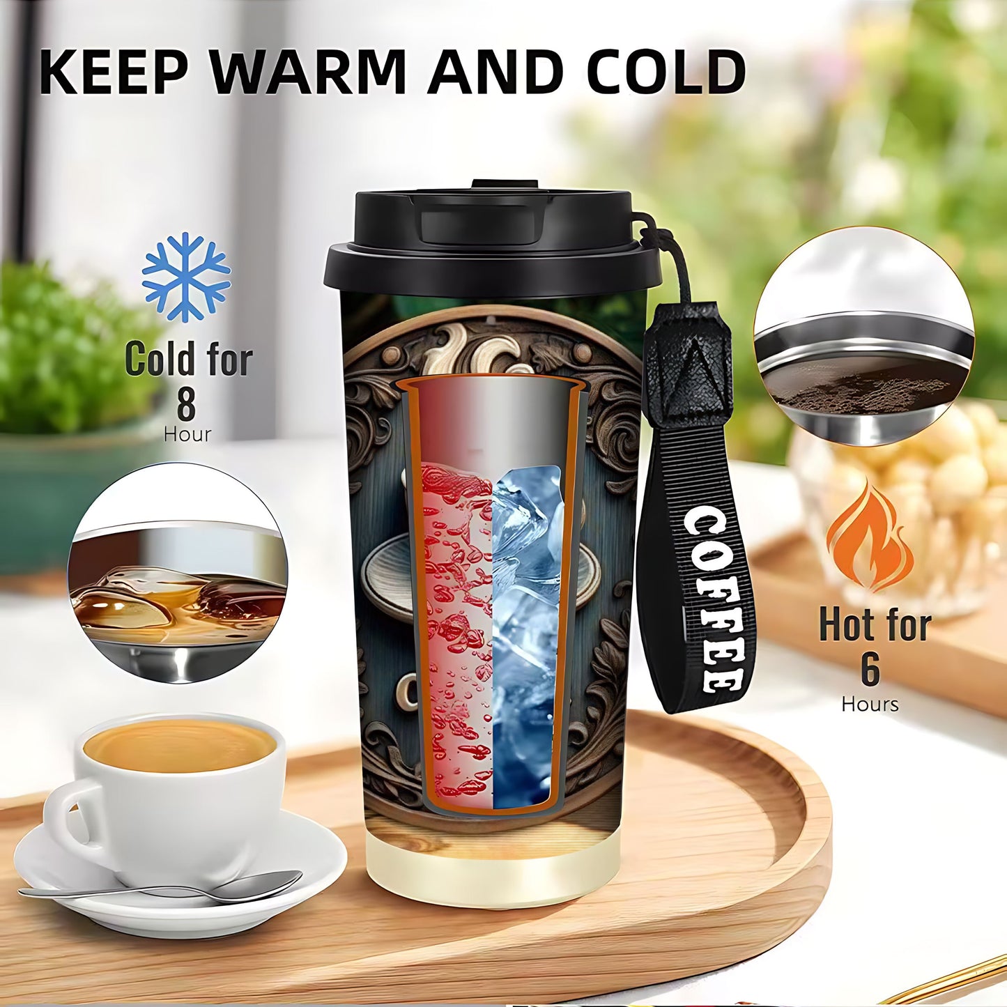 1pc 18oz Stainless Steel Insulated Travel Mug. This Is a 2D Print Retro Coffee Cup Pattern Design. Comes with Hand Strap. Comes with a Straw. Keeps Hot and Cold. Coffee Cup. Car Cup. Birthday Gift. Christmas Gift. Halloween G
