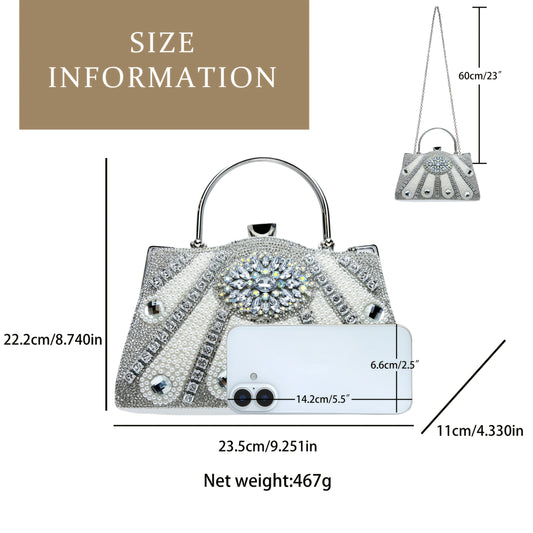 Elegant Rhinestone-Embellished Evening Handbag with Detachable Strap - Chic White Polyester Clutch for Parties, Weddings, and Special Occasions, Perfect Gift for Her, Party Accessory, Luxurious Appearance, Sparkling Embellish