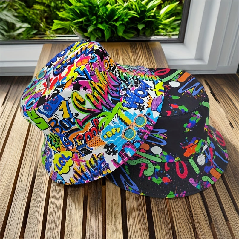 Bucket Hat - Unisex - Graffiti Print - Reversible Closure - Hand Washable - 100% Polyester Lightweight Fabric - Tie-Dye Pattern - Handmade Printing - All-Season Outdoor Fashion Accessory - For New Year Celebration