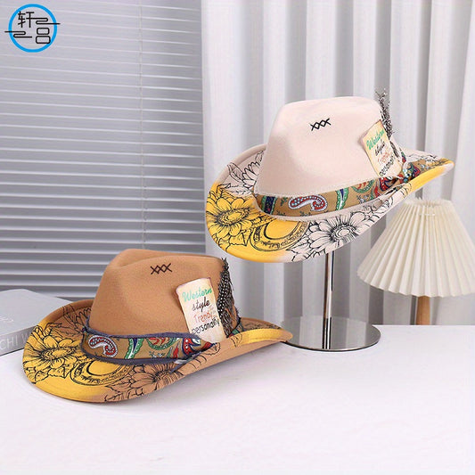 Wide Brim Cowboy Hat with Webbing Feather Decoration - Spray Painted Gradient Design, Black & Yellow Floral Pattern, Stylish & Versatile for Casual or Formal Events, Cowboy Accessories, Event Headwear, Artistic Headgear, Dura