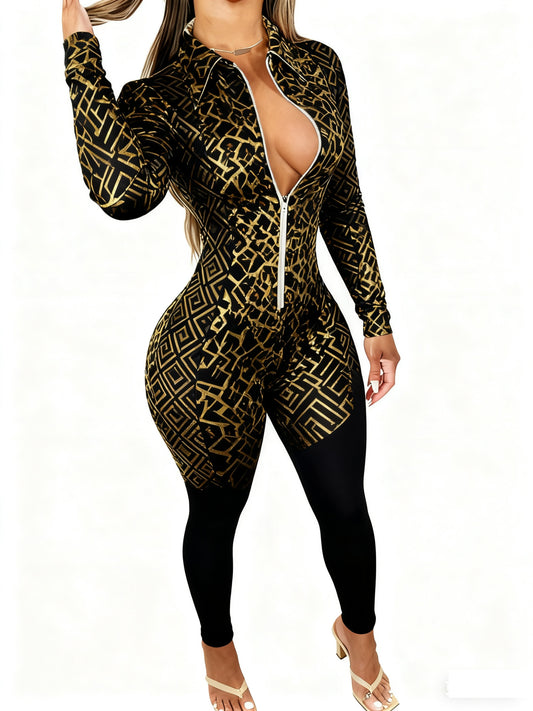 Plus Size, Women's Bohemian Elegant Slim-Fit Jumpsuit, Front Zipper + 2D Printed Design, Versatile for Daily Outings/ / Office/ Home, Christmas Festival Casual Outfits
