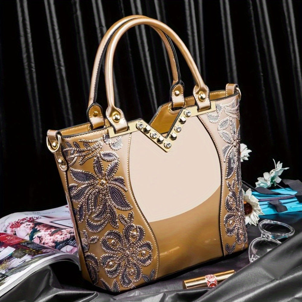 Designer Floral Embroidery Patent Leather Handbag for Women, Large Capacity Shoulder Tote with Zipper Closure, Polyester Lined, Paint Detail, Party Bag