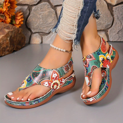 Women'S Plus Size Ethnic Floral Sandals - Adjustable Ankle Strap, Open Toe Platform Wedge Heel, Vibrant Embroidered Flower Design, Summer Casual Shoes, European & American Style, Summer Footwear | Vibrant Embroidery | Durable