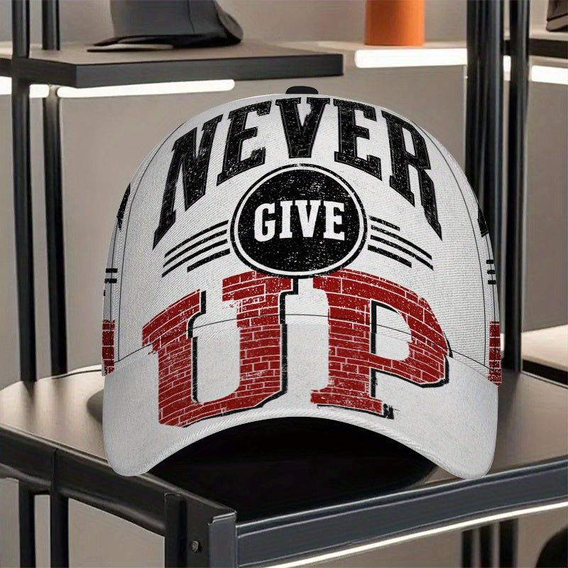 1pc "Never Give Up" Typography Print Baseball Cap - Adjustable Snapback, Polyester, Full-Body Vibrant Red & White Design, Ideal for Sports, Outdoor Running & Street Style