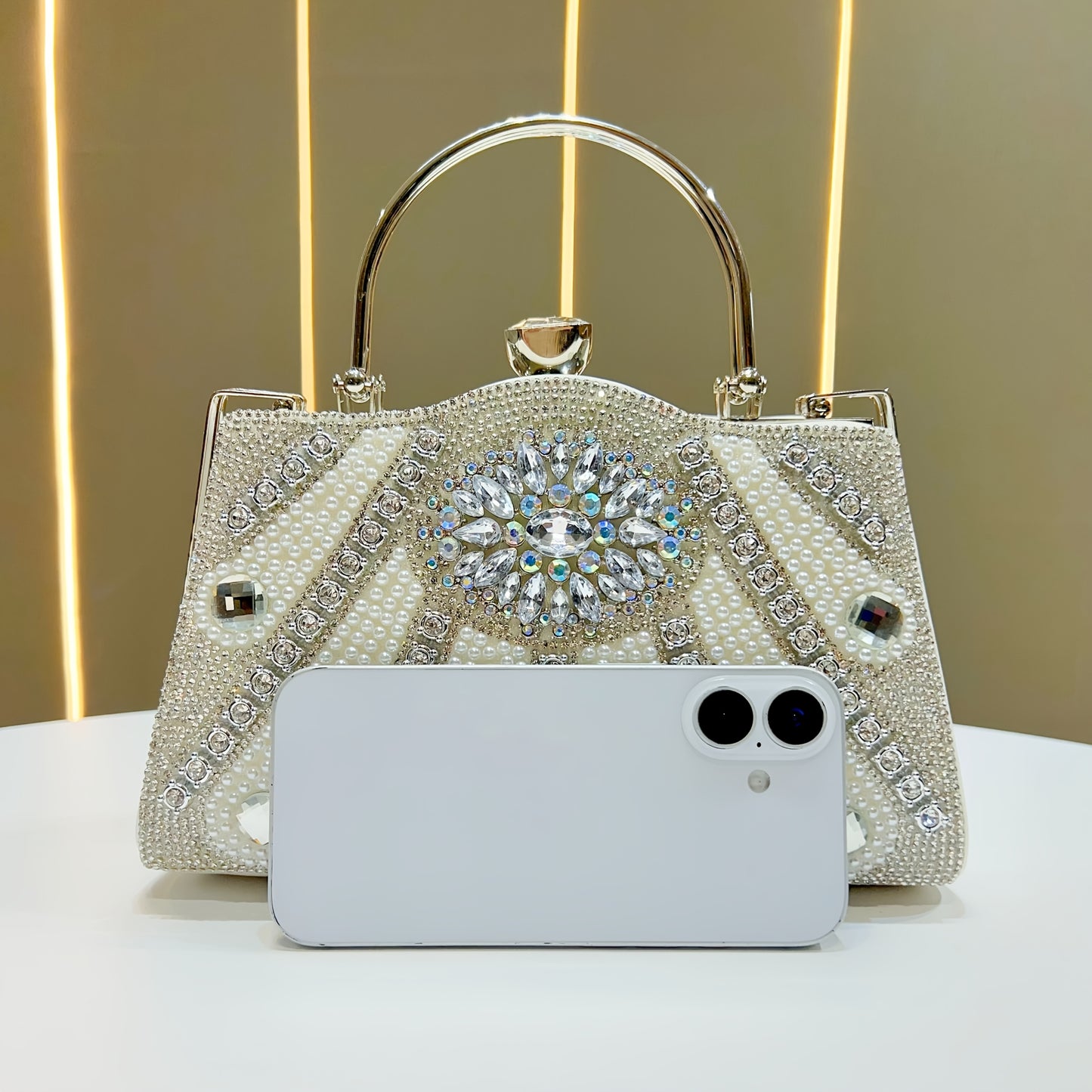 Elegant Rhinestone-Embellished Evening Handbag with Detachable Strap - Chic White Polyester Clutch for Parties, Weddings, and Special Occasions, Perfect Gift for Her, Party Accessory, Luxurious Appearance, Sparkling Embellish