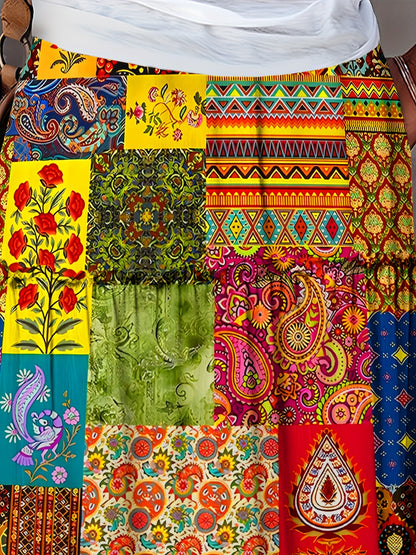 1pc Bohemian Style Women'S Maxi Skirt, 2024 Spring/Summer Collection, 100% Polyester, Geometric-Patterned, Casual Long Skirt with Frill Detail and Patchwork Design, Woven Fabric