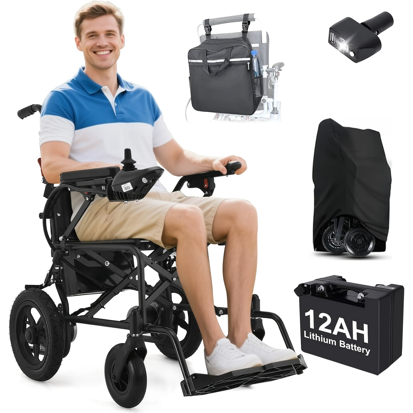 Foldable Electric Wheelchair for Adults, Light Duty Electric Wheelchair with 500W Dual Motors, Storage Bag, 18 Mile Long Range, Weighing Only 47lb, All-Terrain Electric Wheelchair for Seniors, Black