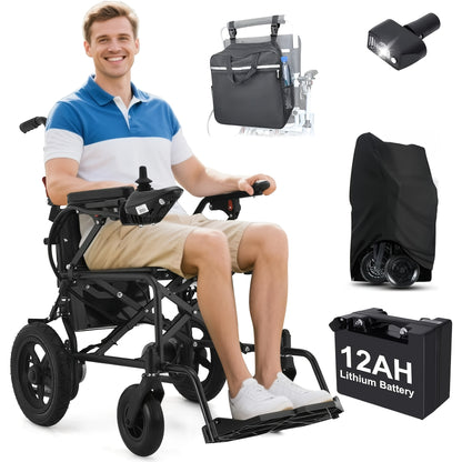 Foldable Electric Wheelchair for Adults, Light Duty Electric Wheelchair with 500W Dual Motors, Storage Bag, 18 Mile Long Range, Weighing Only 47lb, All-Terrain Electric Wheelchair for Seniors, Black