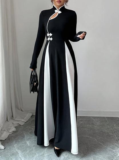 Women'S Elegant Chinese-Inspired A-Line Maxi Dress with Asymmetrical Hem & Stand Collar - Black & White Color Block, Long Sleeve, Round Neck, All-Season Versatile