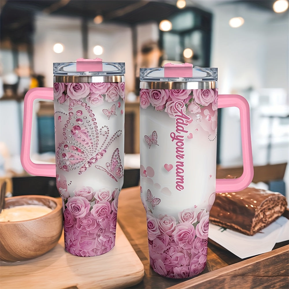 One Personalized 40Oz Tumbler Featuring a Lid And a Butterfly Design, Customized with a Name. This Stainless Steel Water Bottle Is Insulated And Built to Last, Making It a Perfect Gift for Various Occasions Such As Birthdays,