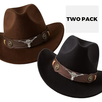 Western Cowboy Hat with Bull Skull Emblem - Wide Brim Tweed Polyester, Brown & Tan, Hand Wash Only for Weddings, Parties, Halloween, Christmas, Thanksgiving, New Year's Eve, Cowboy Accessories, Festive Headwear, Rustic Style,