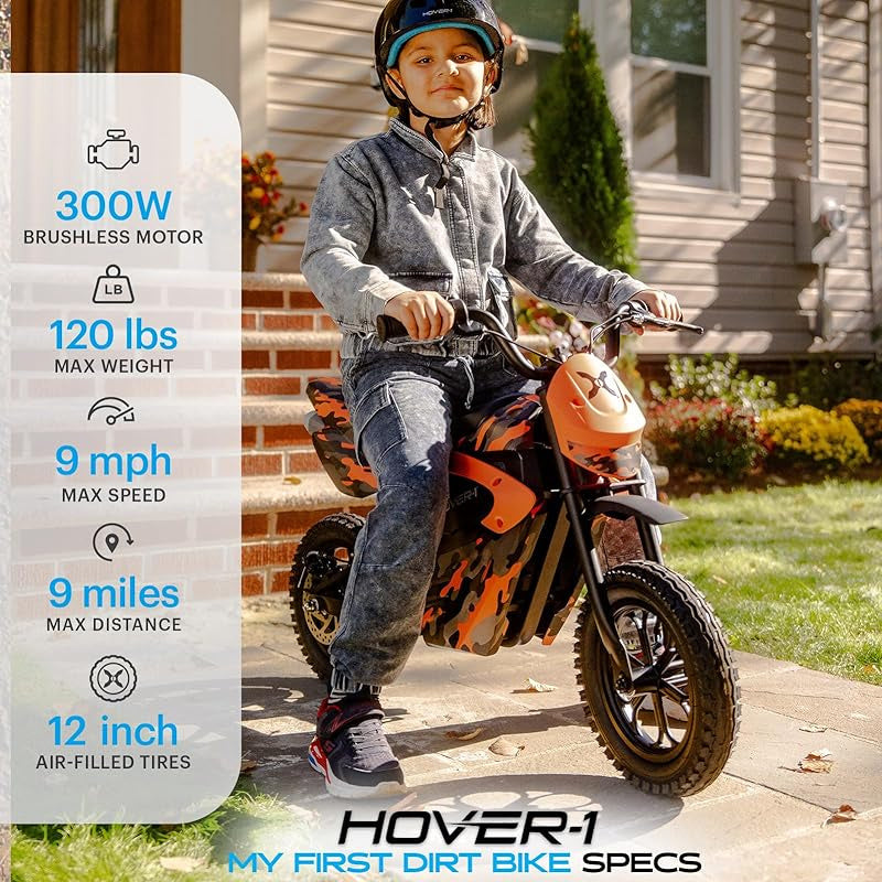Hover-1 My First Dirt Bike for Kids - 300W Motor, 9MPH Max Speed, 9 Mile Range, 12" Off-Road Tires, 120LB Max Weight, Twist Grip Throttle & Rear Disc Brake Electric Dirt Bike for Kids Ages 5+ Years