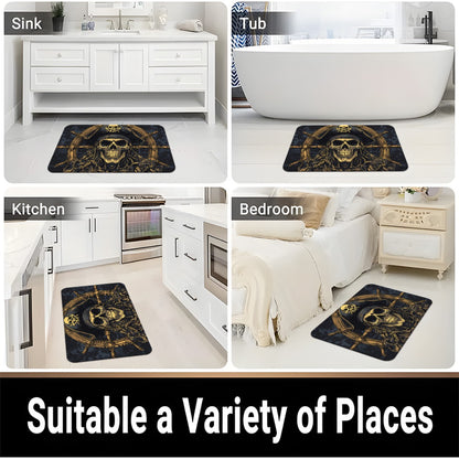 1pc Pirate Skull & Wheel Design Microfiber Absorbent Machine Washable Polyester Rug - Black & Golden Pirate Ship Wheel & Skull Motif, Durable Rectangular Floor Mat for Bathroom, Bedroom, Living Room Entrance, Home Decor, Bath