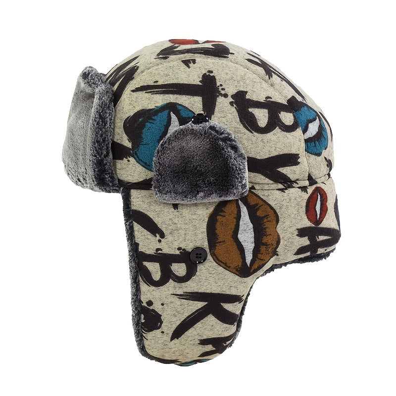Unisex Winter Warm Beanie with Graffiti Lettering & Fur Ears - Enhanced Cold Protection, Ice-Safe for Cycling, iceskating, icy activities – Grey/Black Yellow Streetwear Style Easy to Maintain Hand wash / Dry Clean Unisex Au