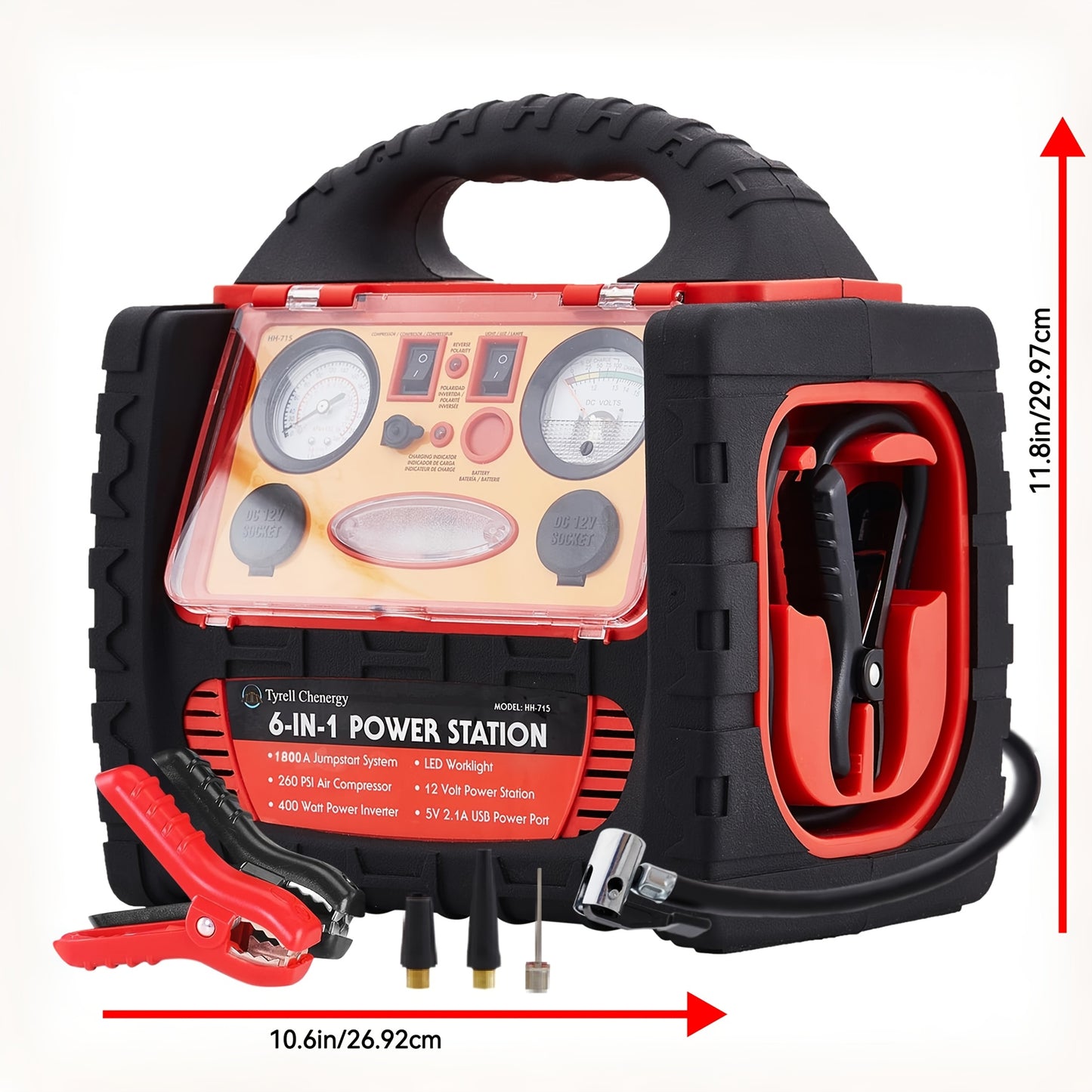 1800 Amp Portable Power Station & Car Jump Starter with Air Compressor - Heavy-Duty 260 PSI Tire Inflator, 400W AC/DC Inverter, 2.1A USB Port, Dual Power Outputs, Battery Clamps Included for Emergency, for Backup, USB- Operat