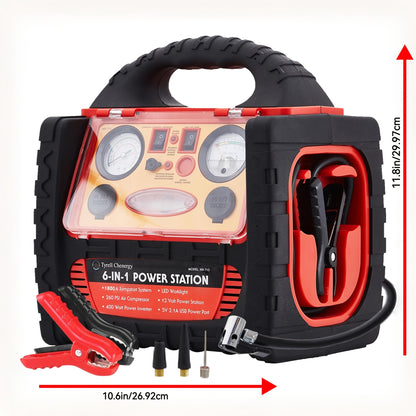 1800 Amp Portable Power Station & Car Jump Starter with Air Compressor - Heavy-Duty 260 PSI Tire Inflator, 400W AC/DC Inverter, 2.1A USB Port, Dual Power Outputs, Battery Clamps Included for Emergency, for Backup, USB- Operat