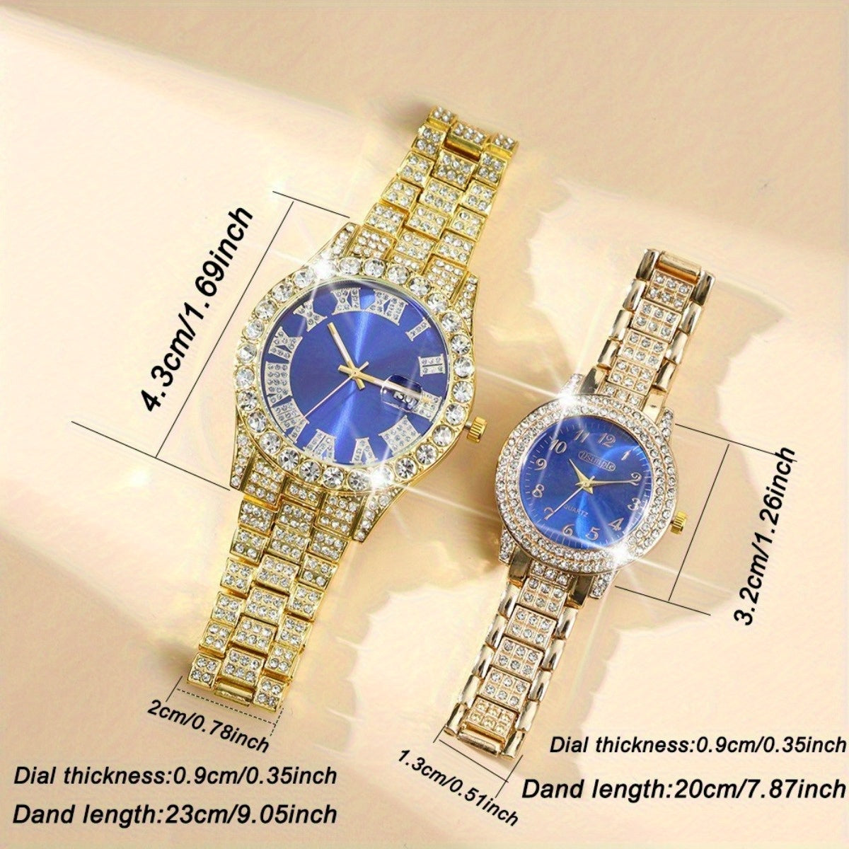 2pcs/ set, Couple Watches Sets, Luxury Rhinestone Setting Stainless Steel Strap Quartz Watches Analog Elegant Round Dial Design Wristwatch, Middle East, Ramadan Ideal Choice for Gifts.