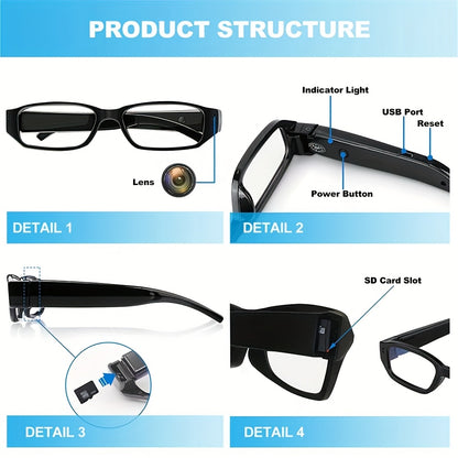 1080P HD Video Recording Glasses with 64GB Built-in Memory - Smart Glasses Camera, 300mAh Battery, USB 2.0 Micro Charging Port, Digital Image Stabilization