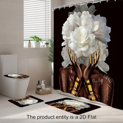 1pc or 4pcs African American Woman Floral Shower Curtain Set with 12 Hooks - Modern Black & White Peony Flower Design, Empowering "I Am Beautiful" Quote Bathroom Decor, Non-Slip Bath Mat, U-Shaped Toilet Mat & Cover Mat - Mac
