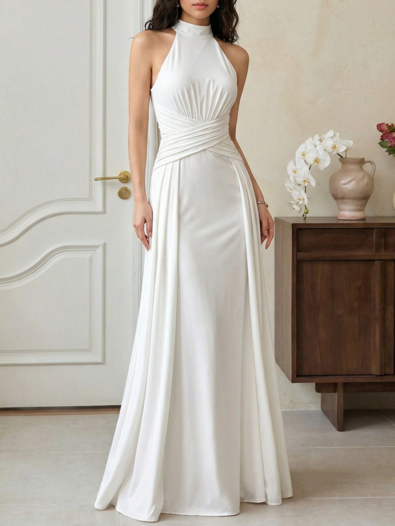 Women'S Spring And Summer Halter Neck, Stand Collar, Waist-Fitted Long Dress | Elegant Solid Color, Suitable For Evening Parties And Upscale Social Events