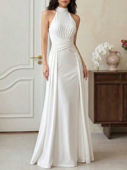 Women'S Spring And Summer Halter Neck, Stand Collar, Waist-Fitted Long Dress | Elegant Solid Color, Suitable For Evening Parties And Upscale Social Events